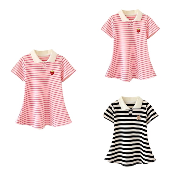 Loopsun 2-10 Years Girls Short Sleeve Collared Striped Printed Summer Loungewear Dress Black, 3-4 Years