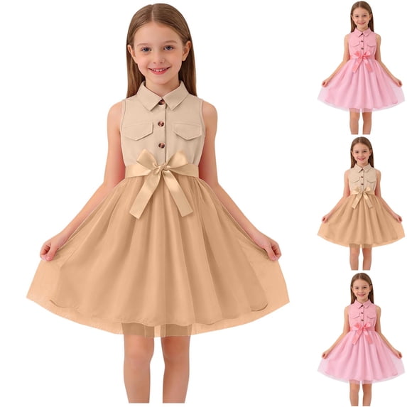 Loopsun 2-13 Years Girls Sleeveless Collared Shirt Buttons Casual Dress Khaki, 7-8 Years