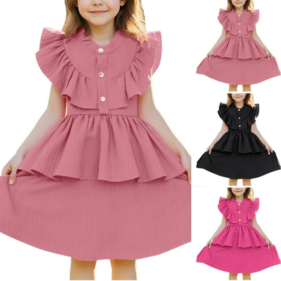 Loopsun 2-7 Years Girls Sleeveless Round Neck Ruffled Solid Summer Casual Dress Pink, 5-6 Years