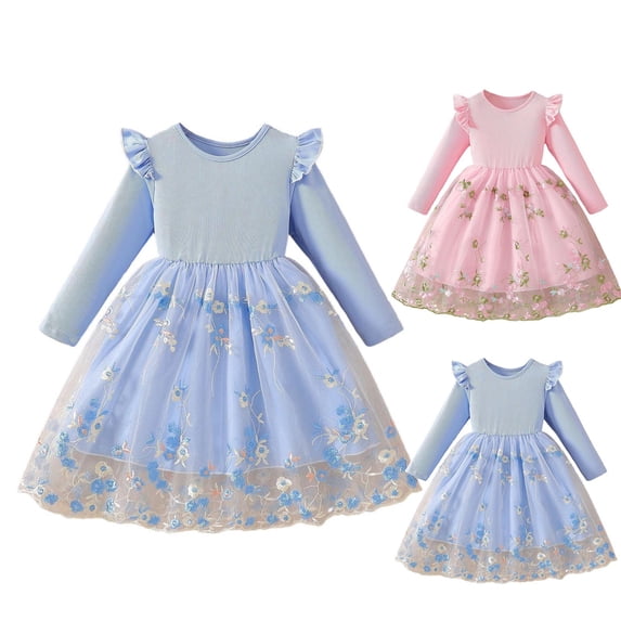Loopsun 3-10 Years Girls Long Sleeve Print Mesh Princess Dress Pink, 5-6 Years