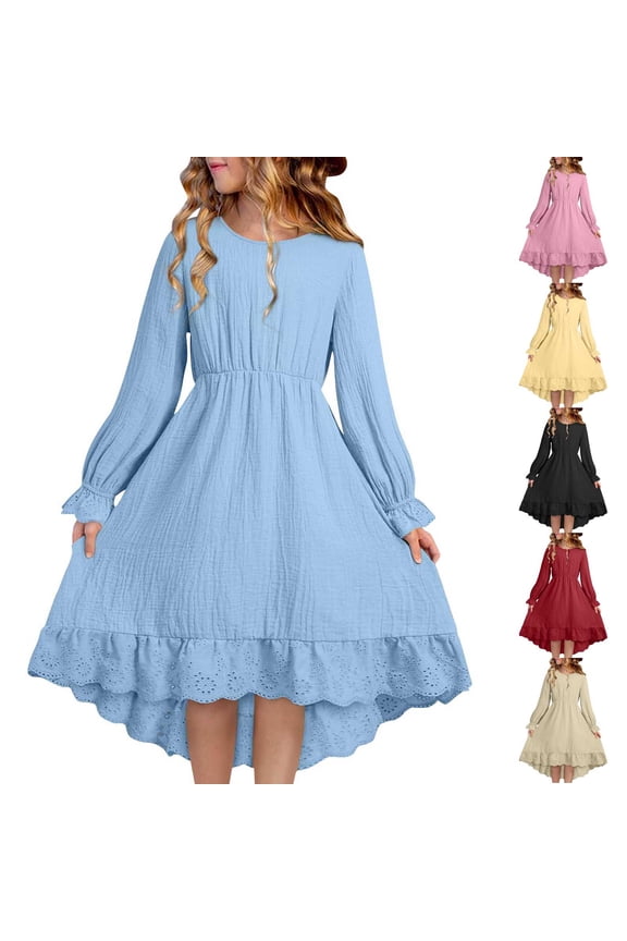 4-15 Years Big Girls Long Sleeve Round Neck Ruffled Summer Casual Dress Pink, 8-9 Years
