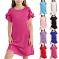 thumbnail image 1 of Loopsun 5-15 Years Big Girls Short Sleeve Round Neck Ruffled with Pockets Casual Dress Red, 11-12 Years, 1 of 5