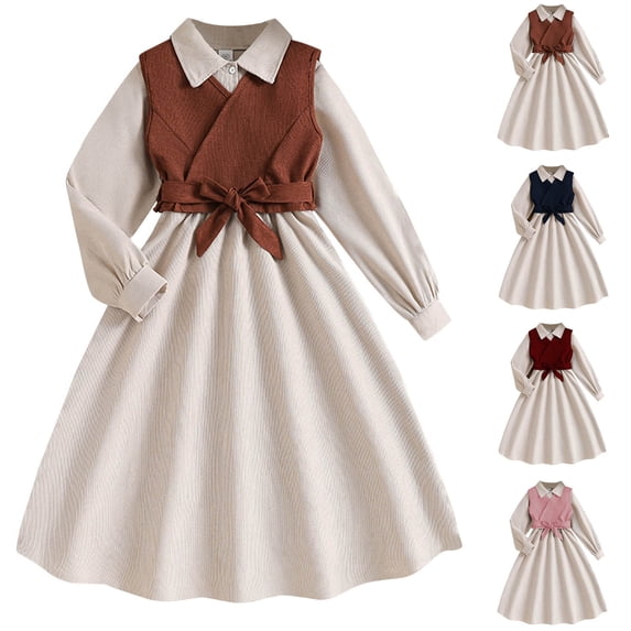 Loopsun 8-15 Years Big Girls Long Sleeve Collared with Removable Belted Fashion Two-Piece Dress Navy, 11-12 Years