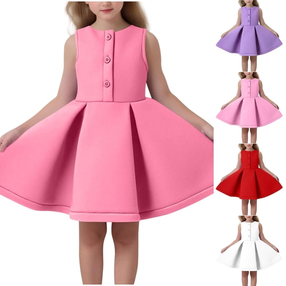 Loopsun 9 Months-5 Years Toddler Girls Sleeveless Round Neck Ruffled Pleated Summer Casual Dress Pink, 12-18 Months