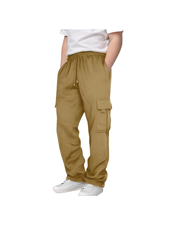 Boys Cargo Pants, Children Boys Casual Lightweight Sports Sweatpants Drawstring Jogger Pants Khaki 9-10 Years