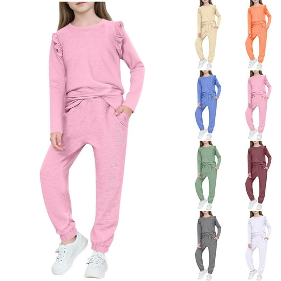 Loopsun Boys Girls Long Sleeve Round Neck Shirts Ruffle Sleeve Top and Pants Soft Loungewear Sleepwear Outfit Beige, 6-7 Years