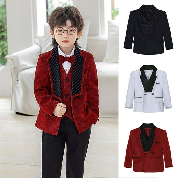 Loopsun Boys Suit Blazer, Boys Solid Sequin Formal Performance Vests Outerwear Red, 4-5 Years