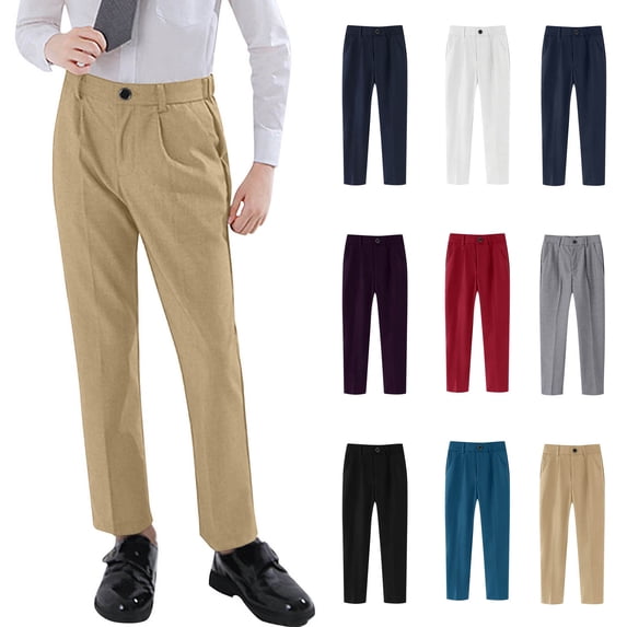 Loopsun Boys Uniform Pants, Children's School Solid Sports Elastic Waist Suit Long Pants Khaki,16-18 Years