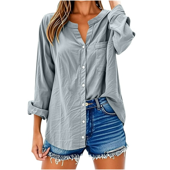 Loopsun Fall Tops for Women, Womens Long Sleeve Shirts, Women's Casual V-Neck Long Sleeve Loose Button Linen Tunic Blouse with Pocket Gray XXXXL