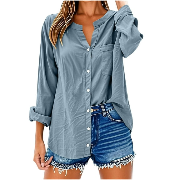 Loopsun Fall Tops for Women, Womens Long Sleeve Shirts, Women's Casual V-Neck Long Sleeve Loose Button Linen Tunic Blouse with Pocket Gray XXXXL