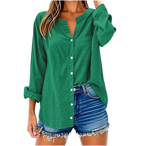 Loopsun Fall Tops for Women, Womens Long Sleeve Shirts, Women's Casual V-Neck Long Sleeve Loose Button Linen Tunic Blouse with Pocket Green S