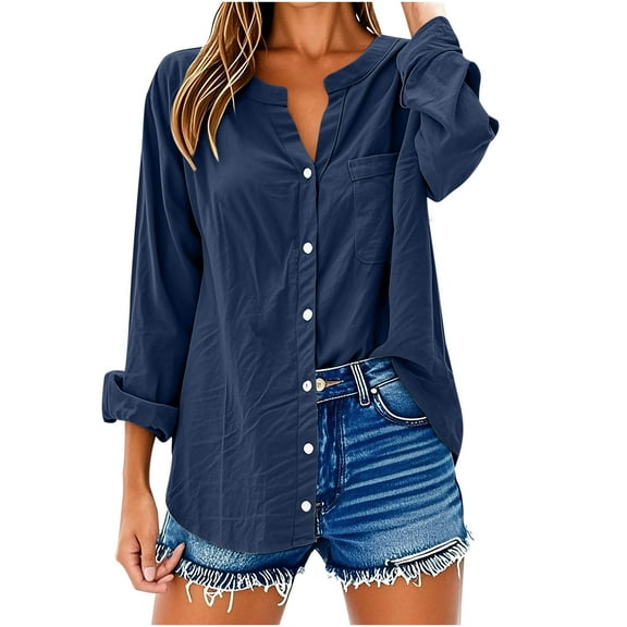 Loopsun Fall Tops for Women, Womens Long Sleeve Shirts, Women's Casual V-Neck Long Sleeve Loose Button Linen Tunic Blouse with Pocket Navy XXXXL