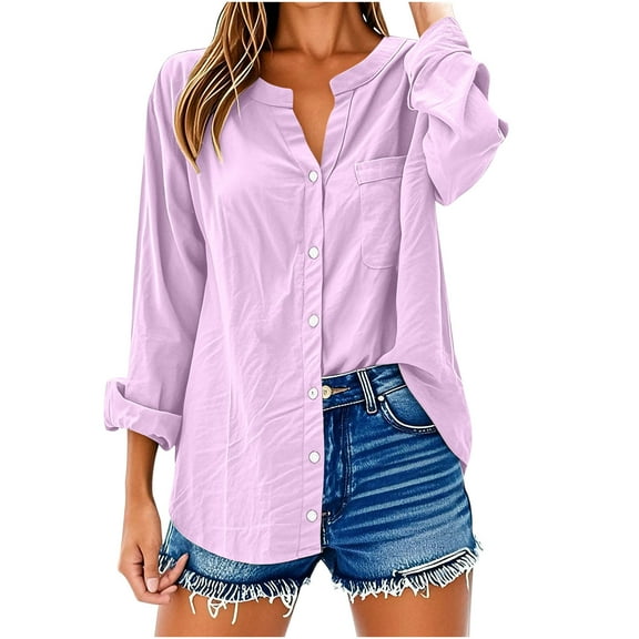 Loopsun Fall Tops for Women, Womens Long Sleeve Shirts, Women's Casual V-Neck Long Sleeve Loose Button Linen Tunic Blouse with Pocket Pink XXXXL