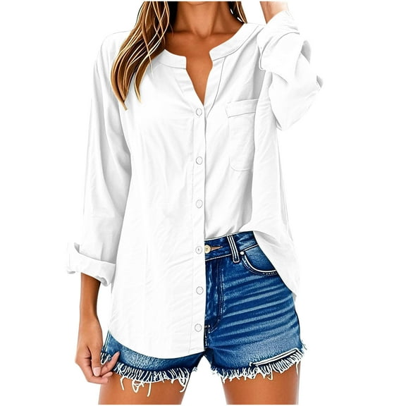 Loopsun Fall Tops for Women, Womens Long Sleeve Shirts, Women's Casual V-Neck Long Sleeve Loose Button Linen Tunic Blouse with Pocket White S