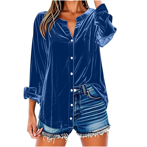 Loopsun Fall Tops for Women, Womens Long Sleeve Shirts, Women's Loose Button Velvet V-Neck Long Sleeve Tunic Blouse Top Blue XL