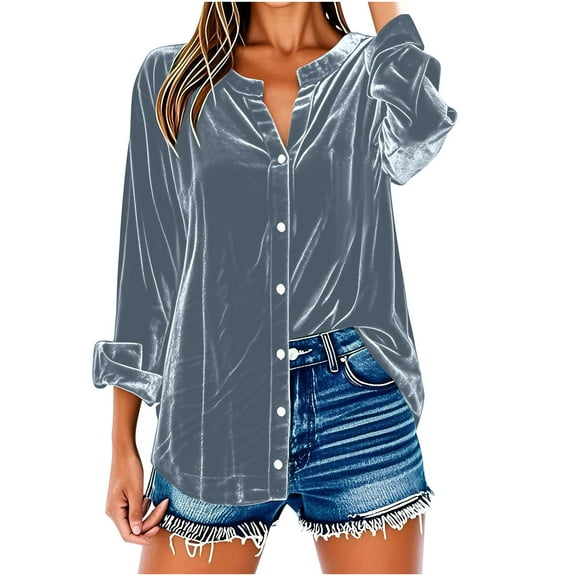 Loopsun Fall Tops for Women, Womens Long Sleeve Shirts, Women's Loose Button Velvet V-Neck Long Sleeve Tunic Blouse Top Dark Gray L