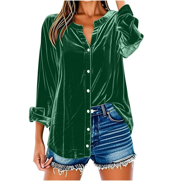 Loopsun Fall Tops for Women, Womens Long Sleeve Shirts, Women's Loose Button Velvet V-Neck Long Sleeve Tunic Blouse Top Green XL