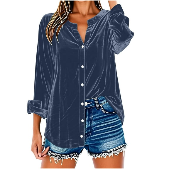 Loopsun Fall Tops for Women, Womens Long Sleeve Shirts, Women's Loose Button Velvet V-Neck Long Sleeve Tunic Blouse Top Navy XL