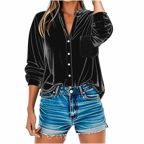 Loopsun Fall Tops for Women, Womens Long Sleeve Shirts, Women's Loose Button Velvet V-Neck Long Sleeve Tunic Blouse with Pocket Black M