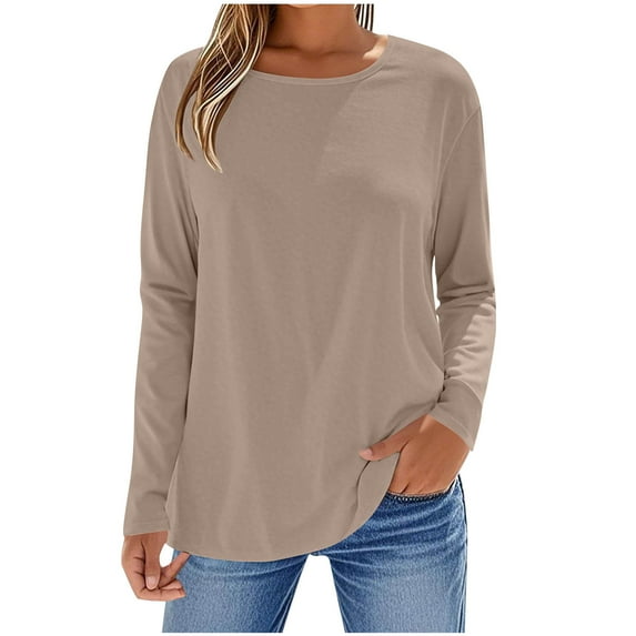 Loopsun Fall Tops for Women, Womens Long Sleeve Tshirts, Women's Fashion Solid Color Round Neck Long Sleeve T-Shirt Top Khaki XXL