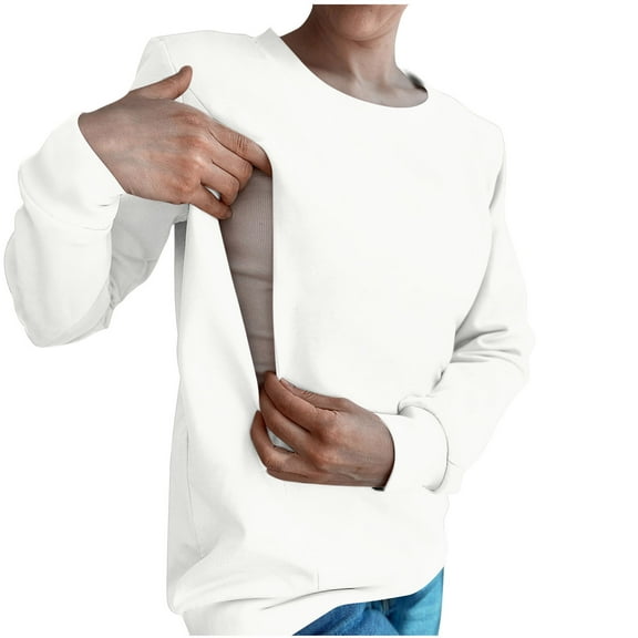Loopsun Fall Tops for Women, Womens Sweatshirts, Women's Fashion Solid Long Sleeve Zipper Round Neck Nursing Sweatshirts Top White M
