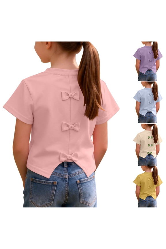 Girls 12M-9Y Summer Round Neck Blouses Solid Bow Back Short Sleeve Top for Daily Casual Outdoor Wear Shirts