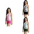 thumbnail image 1 of Loopsun Girls 2 Pcs Print High Neck Sling Crop Top and Shorts Beach Swimwear Split Swimsuit Black, 6-7Years, 1 of 5