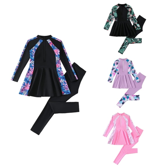 Loopsun Girls 2 Pcs Print Long Sleeve and Long Pants Beach Swimwear Split Swimsuit Black, 4-5 Years