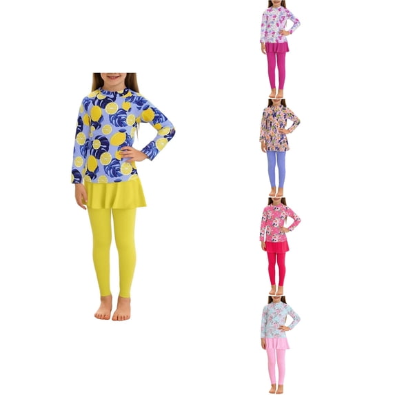 Loopsun Girls 2 Pcs Printed Sun Protection Long Sleeve Top and Pants Skirt Princess Beach Swimwear Split Swimsuit Blue, 14-16 Years