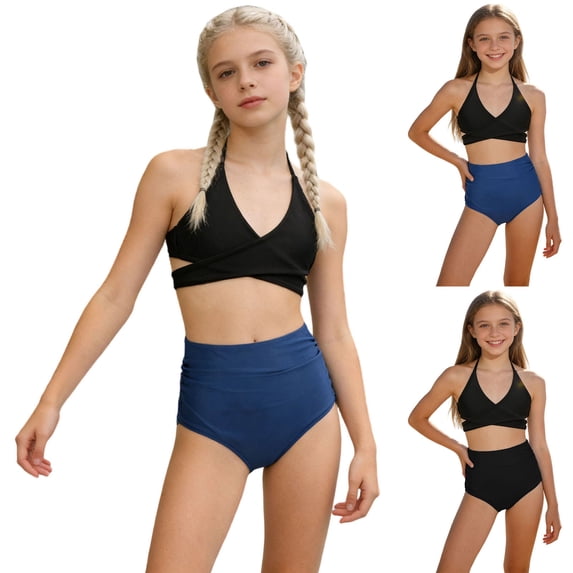 Loopsun Girls 2 Pcs Solid Ruffled Beach Surf Soft Swimwear Split Bikini Swimsuit Blue, 2-3 Years