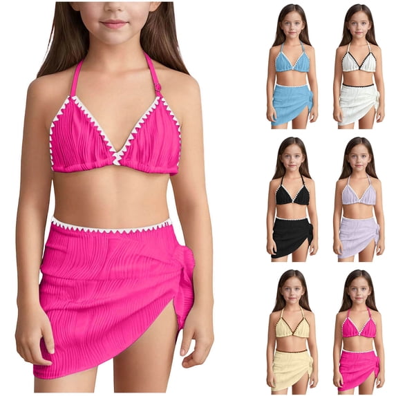 Loopsun Girls 3 Pcs Solid Patchwork Sling and Brief and Skirt Beach Surf Swimwear Split Bikini Swimsuit Beige, 15 Years