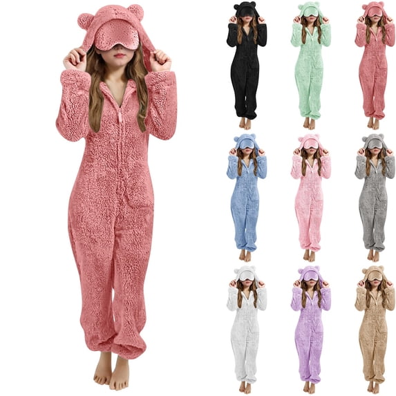 Loopsun Girls Fleece Jumpsuits, Girls Fleece Long Sleeve Hooded Zipper Soft Loungewear Jumpsuits Pink, 7-8 Years