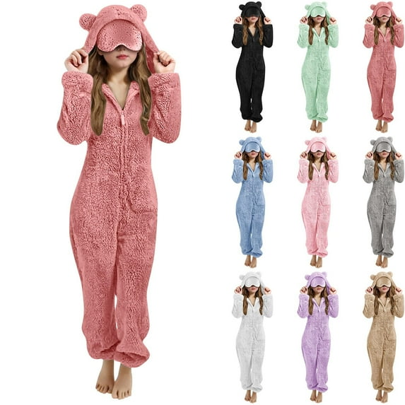 Loopsun Girls Fleece Jumpsuits, Girls Fleece Long Sleeve Hooded Zipper Soft Loungewear Jumpsuits Pink, 9-10 Years
