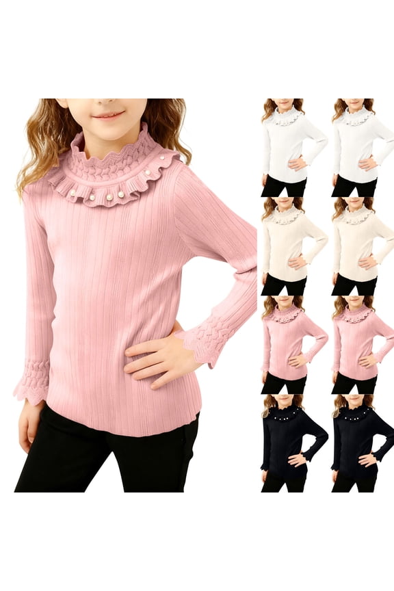 Girls Knit Sweater, Kids Solid Ruffled Collar Turtleneck Sweater Warm Knit Top Pink, 4-5 Years
