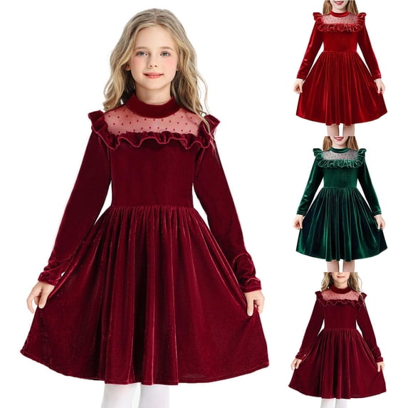 Loopsun Girls Long Sleeve Dress, Girls Long Sleeve Crew Neck Ruffled Princess Performance Formal Dress Wine, 5-6 Years