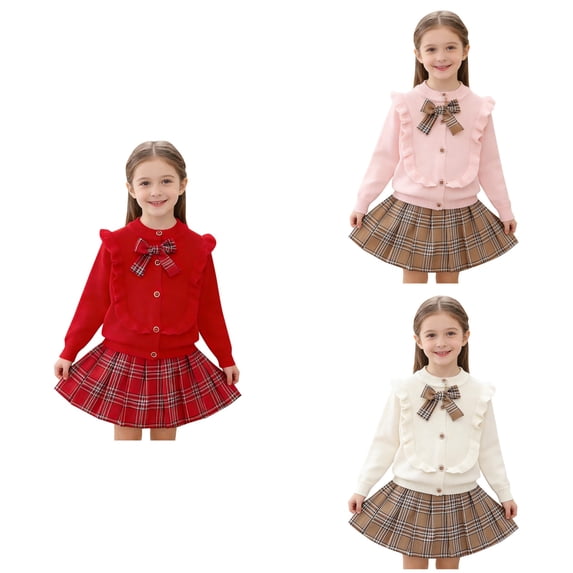 Loopsun Girls Long Sleeve Round Neck Shirts Bow Cardigan and Plaid Pleated Skirt 2 Piece Casual Outfit White, 4-5 Years