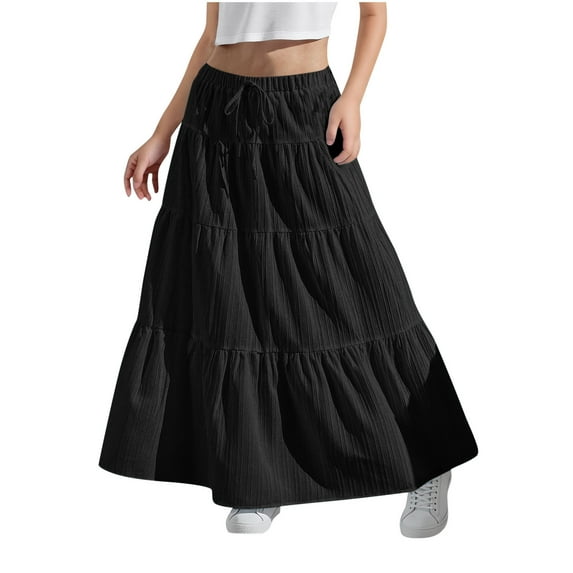 Loopsun Girls Pleated Skirts, Girls Summer Solid Leisure Pleated Long Skirts Black 14-15 Years