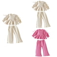 thumbnail image 1 of Loopsun Girls Print Long Sleeve Round Neck Shirts with Ruffled Flare Pants Fashion Outfit Beige, 7-8 Years, 1 of 5