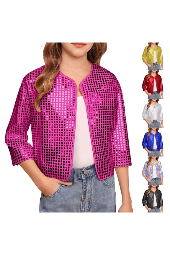 Girls Sequins Jackets, Girls Solid Sequin Long Sleeve Performance Outerwear Open Front Jacket Gold, 5-6 Years