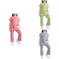 thumbnail image 1 of Loopsun Girls Short Sleeve Round Neck Shirts Crop Top and Flare Pants Soft Casual Summer Outfit Pink, 5-6 Years, 1 of 5