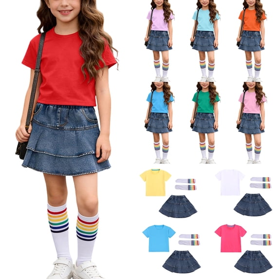 Loopsun Girls Solid Short Sleeve Round Neck Top Denim Mini Skirt Matching Socks Fashion Casual Outfit