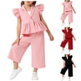 thumbnail image 1 of Loopsun Girls V Neck Tank Top and Ruffle Sleeve Blazer and Straight Leg Pants 3 Piece Casual Summer Outfit Pink, 7-8 Years, 1 of 5