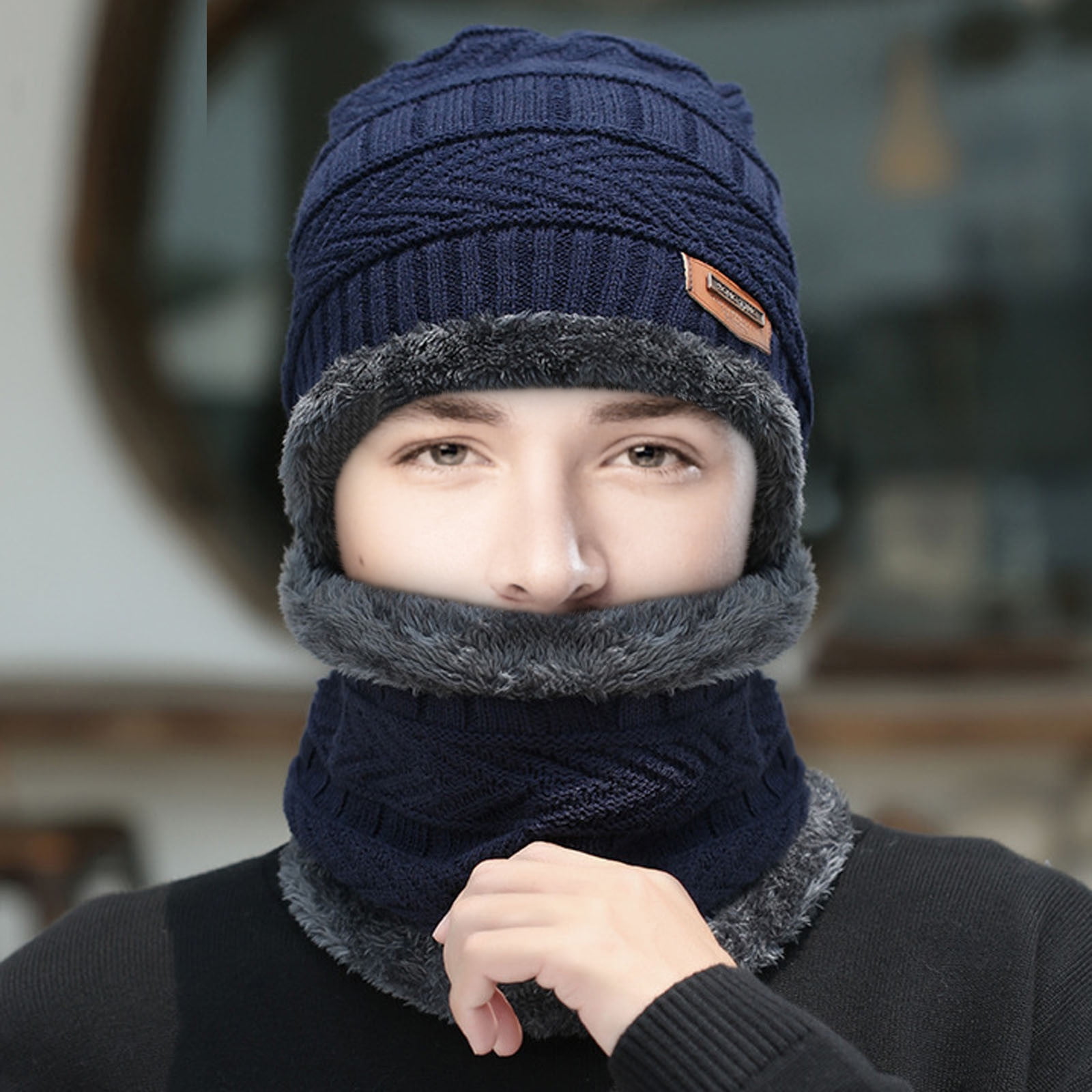 Men Winter Hat Plush Knitting Bonnet Hat Knitted for Home Black at   Men's Clothing store