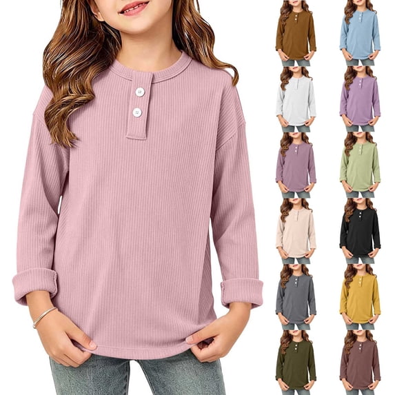 Loopsun Kids Boys Girls Long Sleeve Shirts 0-11 Years Solid Ribbed Round Neck Fall Layering Tops