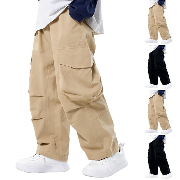 Loopsun Kids Cargo Pants, Kids Loose Comfortable Solid Elastic Waist Cargo Long Pants with Side Pockets Khaki, 3-4 Years