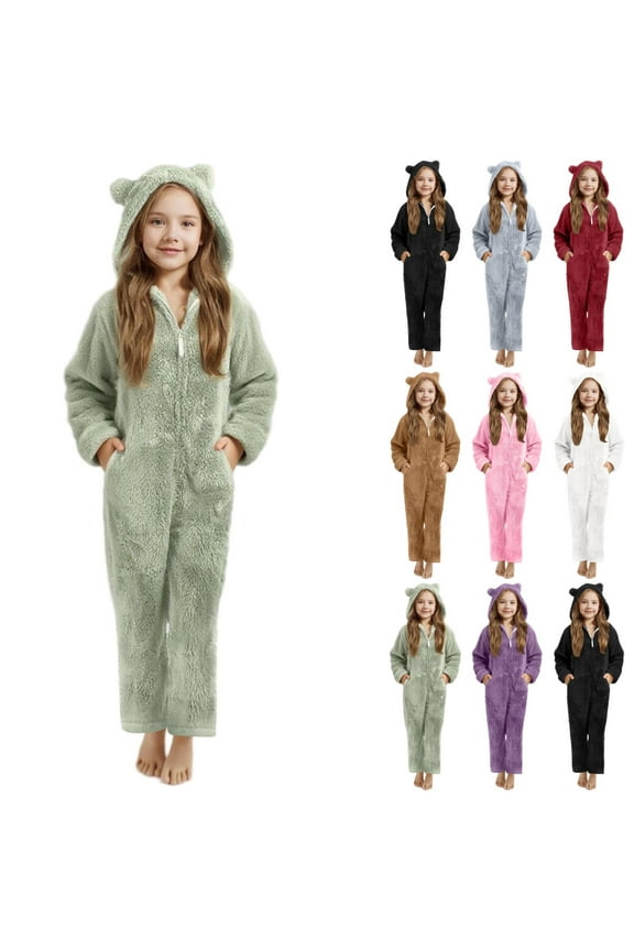 Kids Fleece Jumpsuits, Kids Solid Double Fleece Zipper Hooded Long Sleeve Sleepwear Jumpsuits with Pockets Pink, 7-8 Years