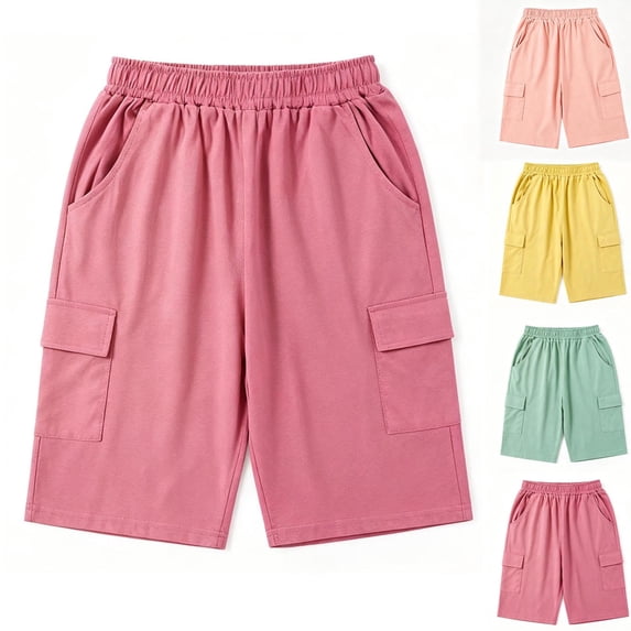 Loopsun Kids Girls Capris 5 to 13 Years Solid Thin Summer Multi Pockets Casual Cargo Shorts