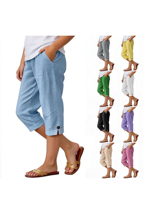 Kids Girls Summer Linen Capris Split Button Pants with Side Pocket