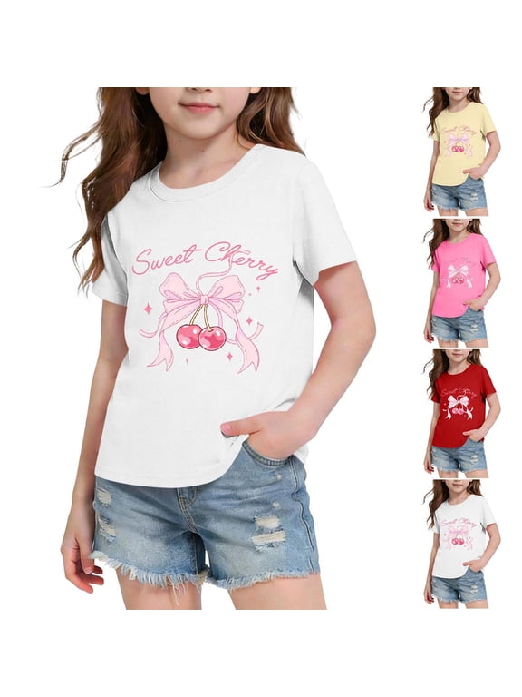 Kids Girls Summer Shirts Print Bow Round Neck Short Sleeve Blouses for 3 to 14 Years