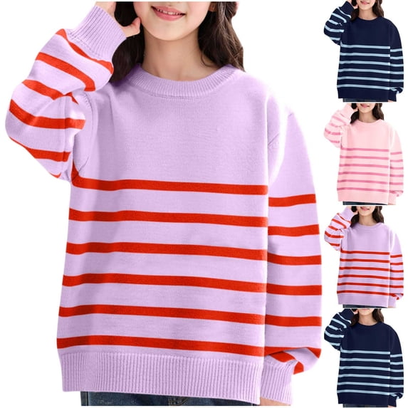 Loopsun Kids Knit Sweater, Kids Casual Loose Crew Neck Striped Knit Pullover Sweater Top Navy, 4-5 Years